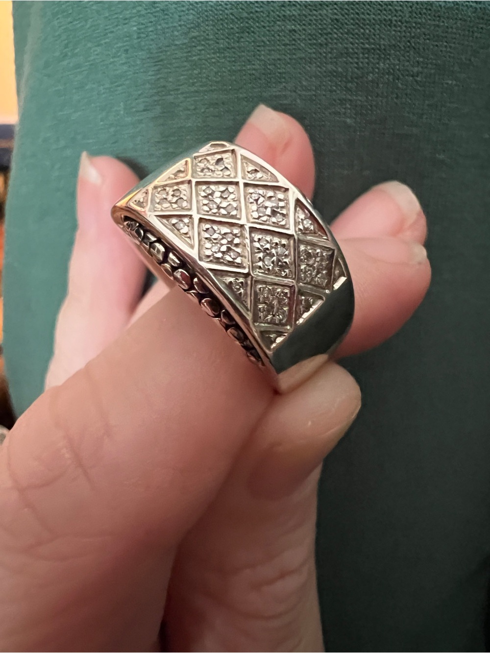Michael Dawkins Sterling and Pave Diamond Cut Ring- Size 10